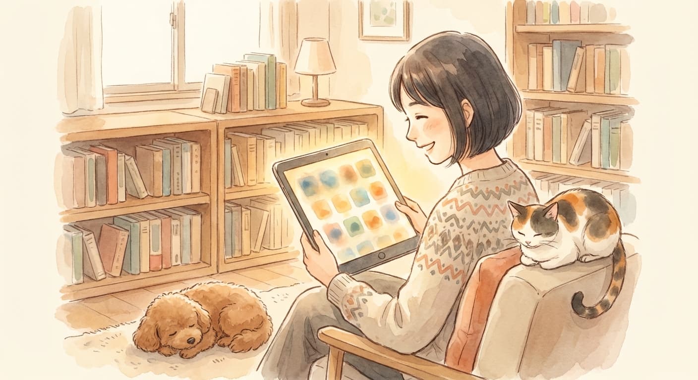 タブレットでキーワードを選ぶ獣医師のイラスト