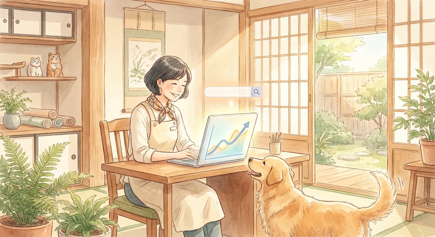 検索順位の上昇を見て喜ぶ獣医師とゴールデンレトリバーのイラスト