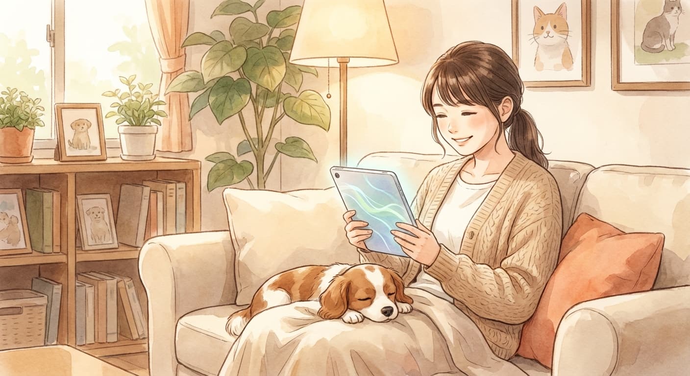 ソファで記事を読む飼い主と犬のイラスト