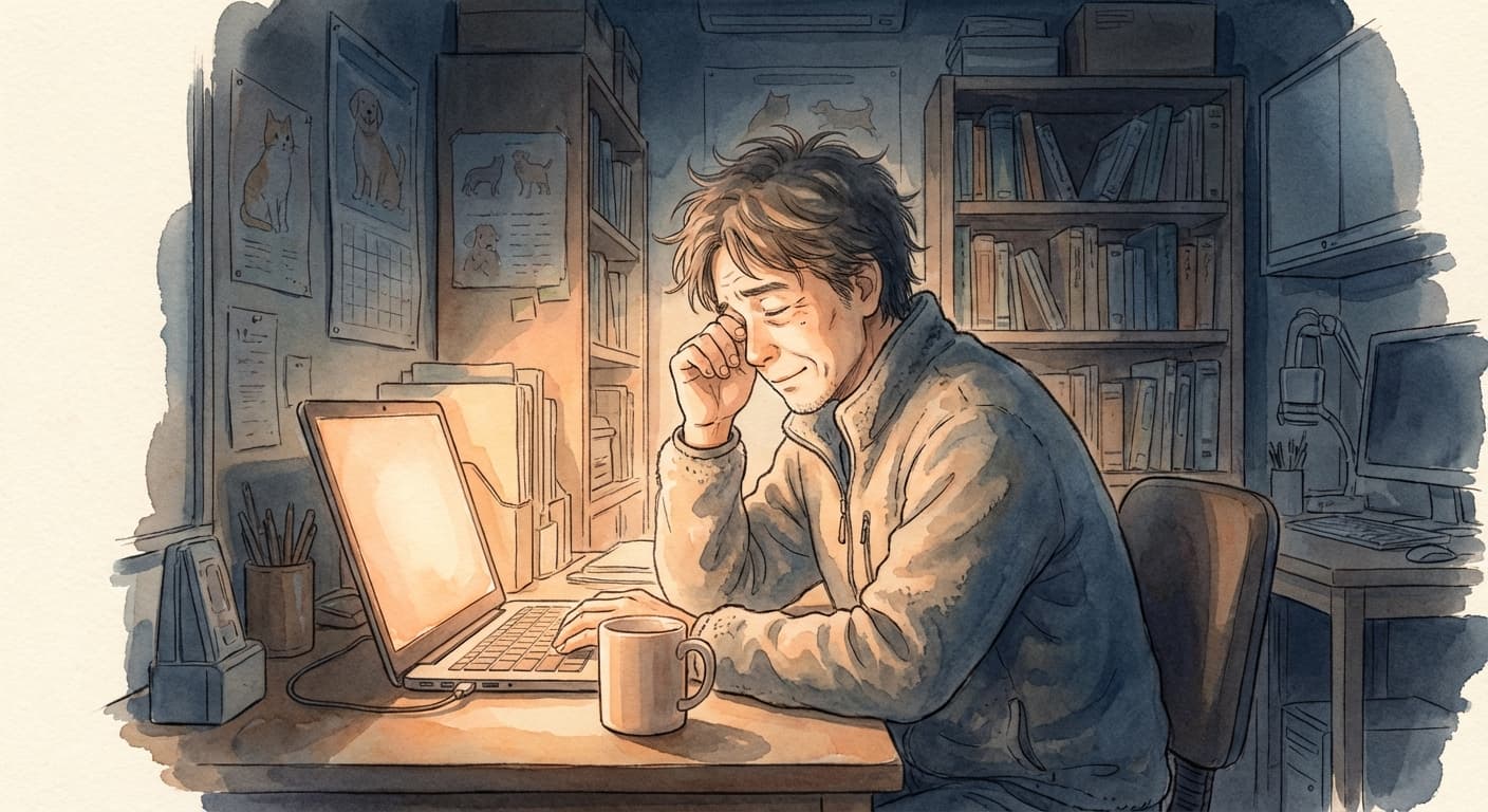 夜遅くにパソコンに向かう獣医師のイラスト